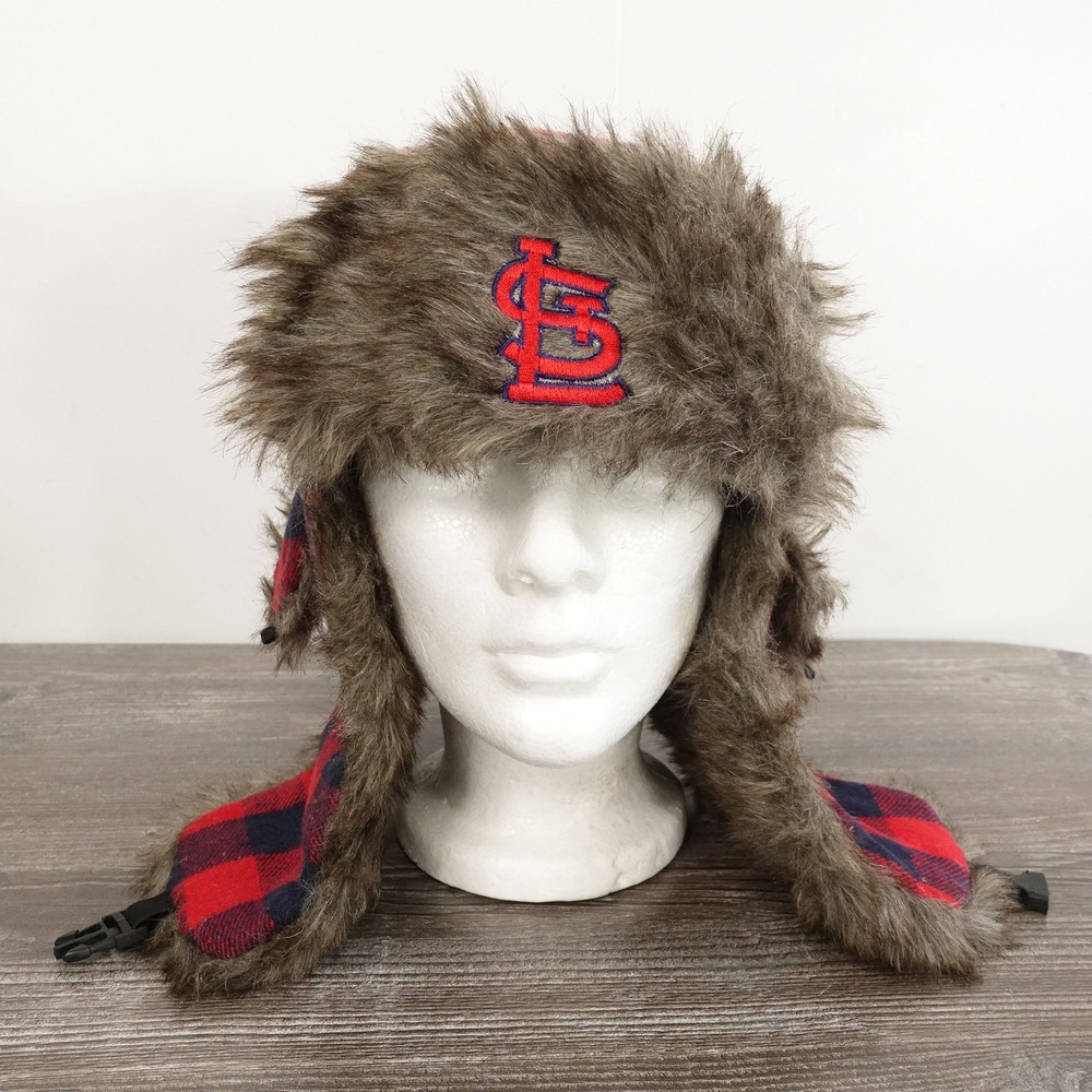 St. Louis Cardinals Trapper Hat OSFM Red Black Plaid Faux Fur Cap SGA Giveaway